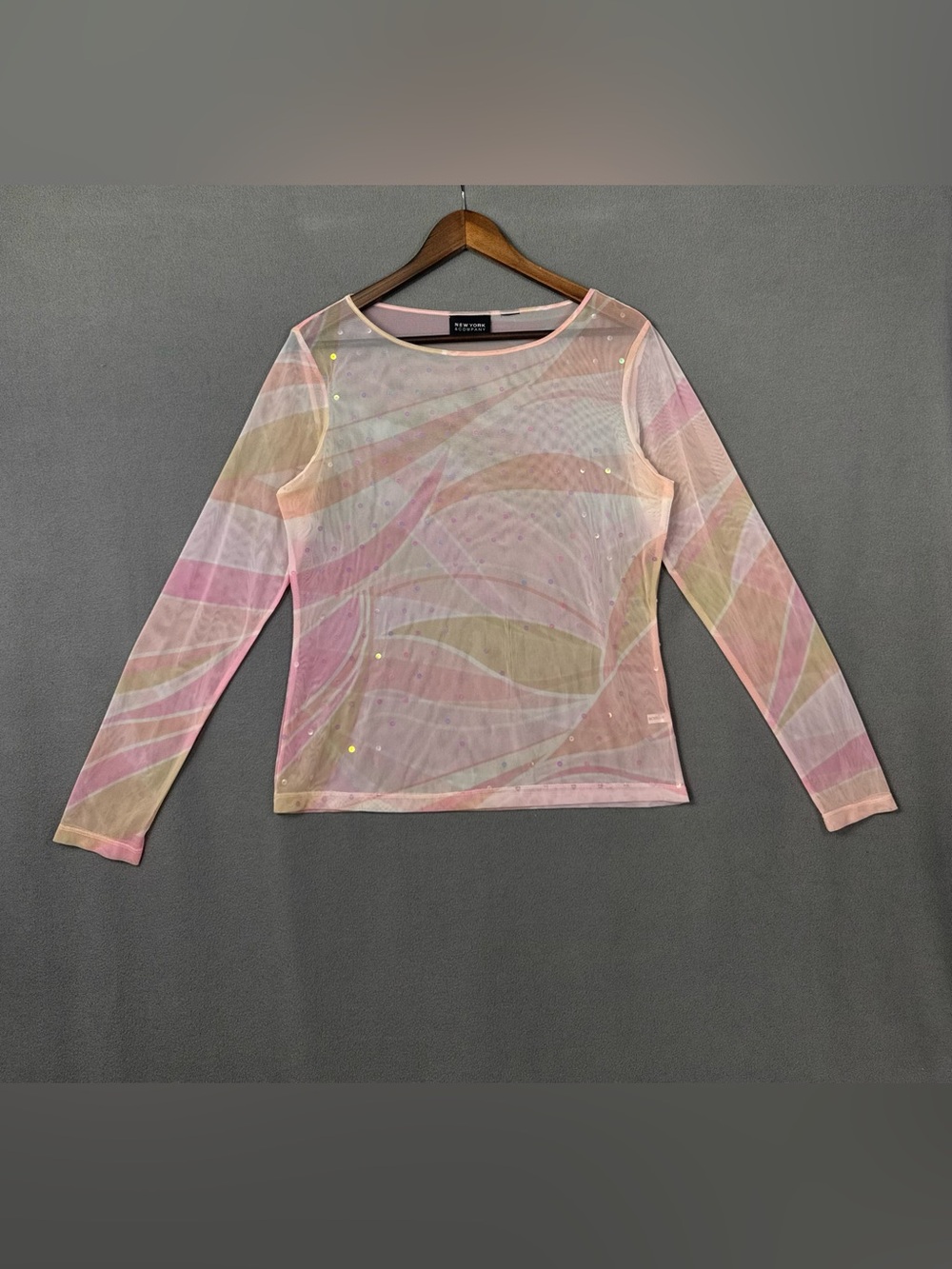 Vintage Y2K New York & Company Pastel Wave Sheer Mesh Long Sleeve Top w/ Sequins